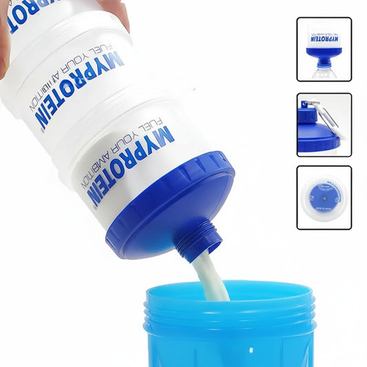 Caja portátil proteína 3 capas color azul con embudo – Kyos Sport