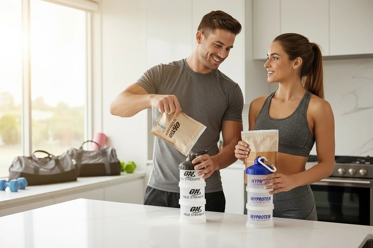 Caja Portátil de Proteína 3 Capas con Embudo – Contenedor Fitness para Suplementos, Snacks y Viaje (180g)