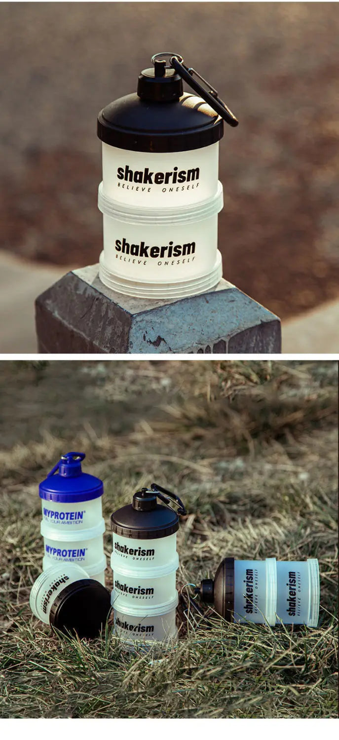 Caja Portátil de Proteína 3 Capas con Embudo – Contenedor Fitness para Suplementos, Snacks y Viaje (180g)